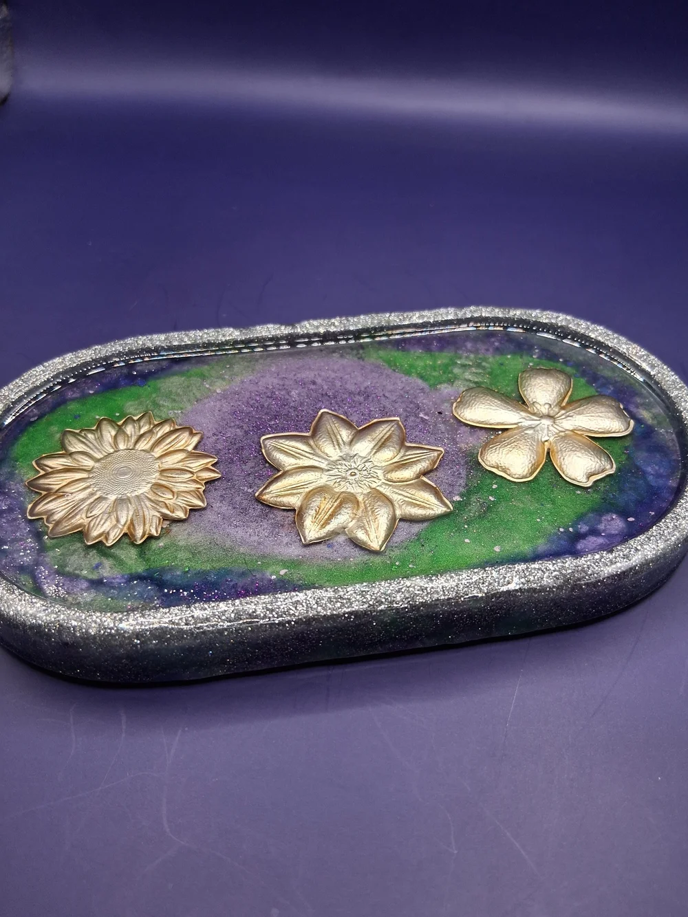 Handmade Resin Trinket Tray with Gold Flower Accents - Green & Purple